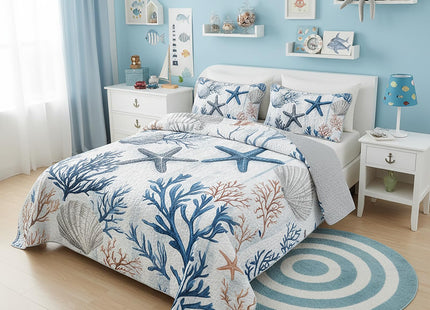 QOOMO Coastal Quilt Set Full/Queen,Starfish Coral Bedspread Coverlet Set