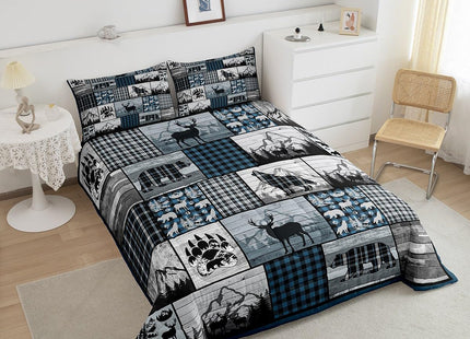 Feelyou Deer Elk Bear Wolf Comforter Blue Plaid Rustic Cabin Comforter Set Farm Forest Camping Hunting Bedding Set Geometric Checkered Duvet Set Room Decor Quilt Set Twin Size