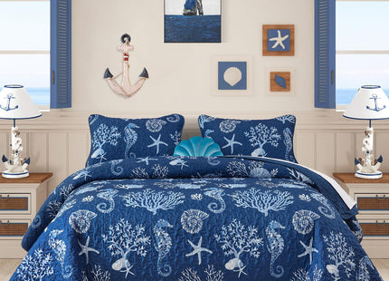 Djoymock Coastal Quilt Set Queen Size 3 Piece, Summer Beach Blue Theme Quilts with Pillowcases Microfiber Ocean Bedding Set Nautical Bedspreads Coverlet Lightweight Comforter for All Season
