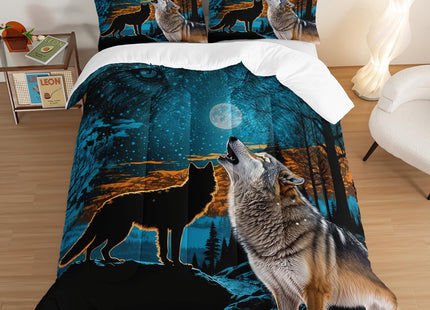 HOSIMA Wild Wolf Comforter Forest Animal Print Bedding with 2 Pillow Shams,Tree Moon Wolf Bedding Sets for Boys Kids Man Room Decor Snowy Forest Blue Queen Comforter Set.