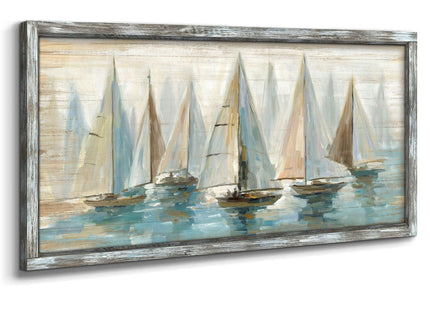 Beach Pictures Wall Decor Framed: Large Coastal Artwork Sailboat Picture Wall Art Abstract Painting on Ocean Seaside Wooden Art for Bedroom(48x24)