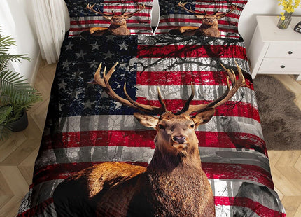 3D Deer Duvet Cover Set Twin Size American Flag Bedding Set 2pcs for Kids Boys Teens Room Decor, Wildlife Animal Elk Print Comforter Cover Stars and Stripes Quilt Cover with 1 Pillowcase,No Comforter