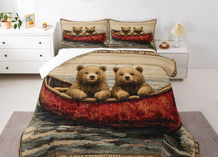 Castle Fairy Cute Bear Print Bedding Set Bear Rowing Comforter Set for Kids Boys Lake House Comforter Boating Quilt Set 1 Comforter Set with 1 Pillowcase Toddler Size