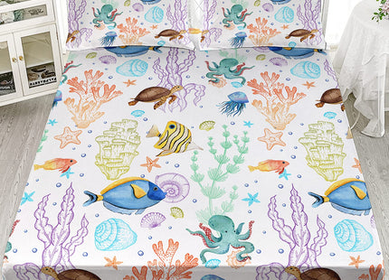Sea Turtle Printed Fitted Sheet Set Twin 3Pcs for Kid Boy Girl Teen Adult