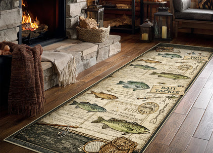 Fishing Hallway Runner Rug 2x6 Rustic Cabin Long Runners for Bedroom Kitchen Hall Laundry, Washable Low Pile Non-Slip Rubber Backing, Vintage Style Carpet Black