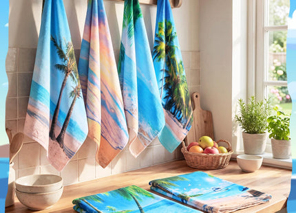 Breling 6 Pack Coastal Kitchen Towels Summer Beach Palm Trees 14x21 Inch