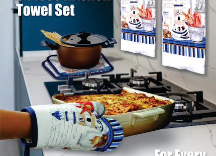 Lobyn Value Packs Nautical Lighthouse 5 Piece Kitchen Towel Set with 2 Decorative Dish Towels (25 X15), 1 Oven Mitt (11 X 7) and 2 Potholders (6.5 X 6.5) Coastal Blue Kitchen Accessories