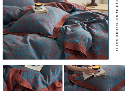 VM VOUGEMARKET Blue Red Duvet Cover Queen,3 Pieces Retro Jacquard Forest Theme Tree Leaves Bedding Set,Linen Cotton Yarn-Dyed Textured Duvet Cover with Zipper Closure