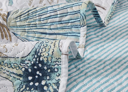 Jarson Beach King Size Quilt Set Summer Ocean Bedspread Collection,3Pcs Lightweight Coastal Quilts Coverlet Set Starfish Seashell Conch Printed Ocean Bedding with Pillow Shams