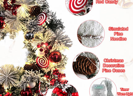 Christmas Wreath for Front Door, 18 Inch Prelit Christmas Wreath with Timer, Warm LED Light, Red Berries, Snow, Pinecone, Candy Cane, Lighted Xmas Decorations for Indoor Outdoor Xmas Collection