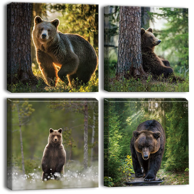 OTOSTAR 4 Pieces Wall Art Canvas Prints - Forest and Bear Picture Painting - Modern Wall Artwork Framed for Gifts Bathroom Home Kitchen Office Decor - 12 x 12 Inch
