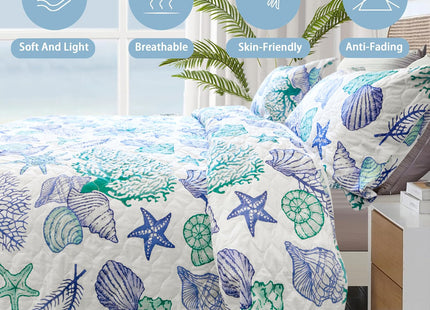 Ycosy 3 Piece Coastal Beach Quilt Set Twin Size Ocean Theme Bedding Set Blue Green Lightweight Bedspread Coverlet Shell Coral Conch Starfish Bed Covers Bedroom Decor with 2 Pillow Shams