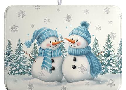 Winter Dish Drying Mat Winter Snowman Large Kitchen Mats Dish Drying Pad Blue Snowman Pine Tree Absorbent Dish Dryer Mat for Kitchen Countertops Microfiber Drainer Pad Dish Drying Mats (18x24 in)