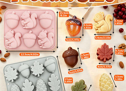 2 Pack Fall Silicone Molds, Thanksgiving Squirrel Acorn & Maple Pinecone Molds for Chocolate, Wax Melts, Soap & Epoxy Resin