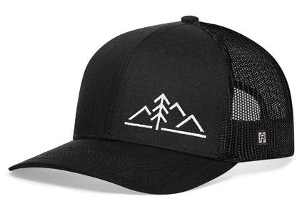 HAKA Mountains with Pine Tree Trucker Hat | Outdoors Snapback Cap - Black