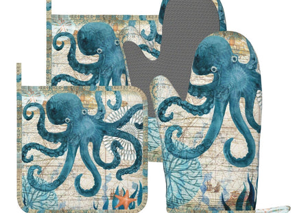 Octopus Nautical Retro Ocean Oven Mitts And Pot Holders Sets, 4pcs Silicone Non-Slip Kitchen Mitts Potholders Heat Resistant Bbq Gloves Hot Pads For Cooking Grilling Baking Microwave Chef Gifts Decor