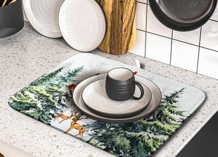 Pine Tree Dish Drying Mat for Kitchen Counter 16x18 Inch Forest Deer Absorbent Dishes Drainer Mats Reversible Microfiber Quick Dry Rack Pad