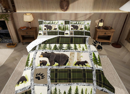 Feelyou Kids Adult Rustic Cabin Comforter Set,Rustic Bear Bedding Set Queen Size,Forest Wild Animals Comforter,Farmhouse Patchwork White Green Plaid Lodge Bed Set