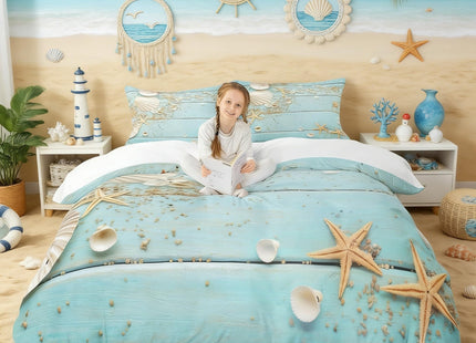Homewish Seashell Starfish Duvet Cover Set Twin Size,Wood Stripes Bedding Set 2pcs for Kids Teens Girls Boys Room Decor, Beach Hawaiian Style Comforter Cover Summer Teal Quilt Cover with 1 Pillowcase