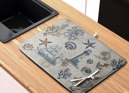 Kwlegh Nautical Coastal Dish Drying Mat for Kitchen Counter Summer Ocean Sailboat Starfish Seashell Absorbent Microfiber Dish Mat Reusable Washable Dish Drainer Rack Mat 18x24 Inch