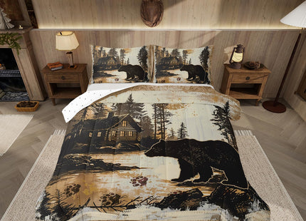 Feelyou Rustic Cabin Bear Comforter Set Forest Animal Wildlife Hunting Theme Bedding Set King Size for Boys Girls Farmhouse Black Bear Comforter Brown Farmhouse Bed Set for All Season