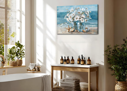 Blue Coastal Beach Bathroom Wall Art Seaside Seashell Starfish Painting Print Mason Jar White Daisies Canvas Picture Wall Decor Seascape Theme Flower Print Artwork for Living Room Bedroom 16x24"