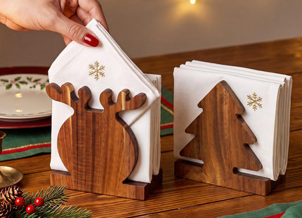 Threehoney 2 Pcs Acacia Wood Christmas Tree and Reindeer Napkin Holder