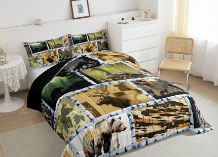 Bear Farmhouse Bedding Set King for Women Men,Duck Elk Deer Wildlife Animals Woodland Comforter Set Western Decor,Pine Tree Jungle Plant Down Comforter Wooden Cabin Farm Country Style Duvet Insert