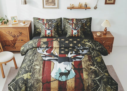 Feelyou American Flag Deer Cabin Comforter Set Full Size Kids Boys Girls