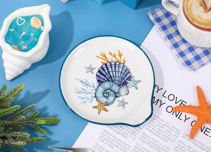 JarThenaAMCS 4.7inch Summer Spoon Rest Blue Seashell Coral Starfish Small Coffee Spoon Holder for Summer Ocean Beach Party Bar Coffee Station Accessories