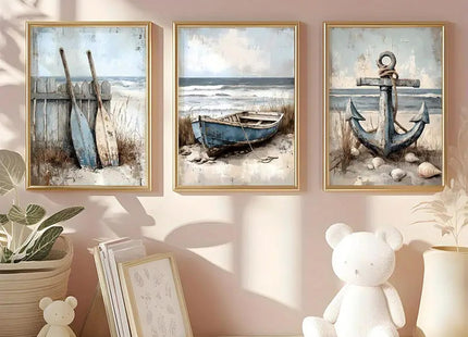 3Pcs Nautical Beach Wall Art Sailboat Paddle And Anchor Paintings Pictures Wall Decor Nautical Posters Prints Artwork Suitable for Living Room Bedroom Home Office Corridor Home Decroation
