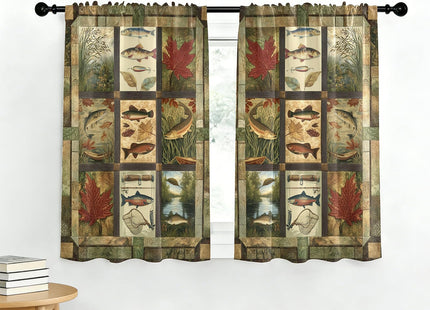 KzgtY Retro Autumn Fishing Kitchen Curtains 28W X 36L Inch 2 Panels Rod Pocket Small Short Cafe Curtain Window Drapes Treatment Bathroom Home Decor
