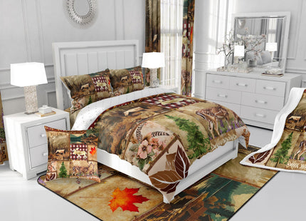 Hunting Deer Comforter Set Full Farmhouse Decor,Elk Reindeer Moose Woodland Animals Wildlife Bedding Set,Rustic Wood Cabin Style Down Comforter,Southwestern Aztec Boho Buffalo Plaid Patchwork Quilt