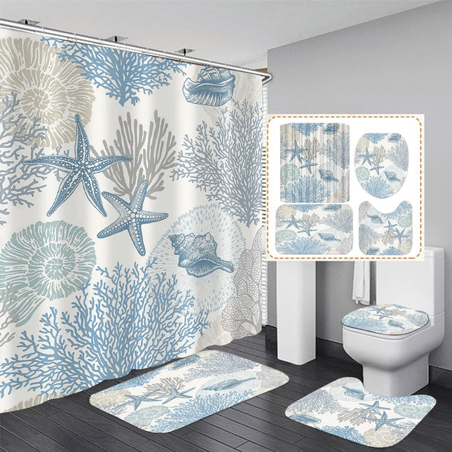 Nkzply 4 Pcs Beach Shower Curtain Set Blue Starfish Bathroom Sets with Shower Curtain and Rugs Ocean Seashell Coral Bathroom Decor Accessories Nautical Bathroom Rug Set Toilet Lid Cover 12 Hooks
