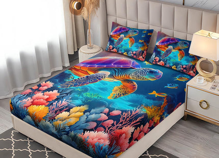 UEVBF Coastal Turtle Bedding Set Twin Size,1 Fitted Sheet+2 Pillowcases.