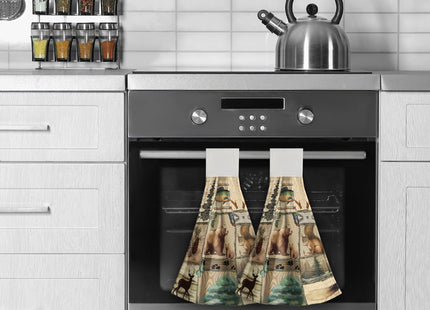 Giwawa Rustic Cabin Animal Hand Towels - Bear Hanging Kitchen Towel Forest Moose Dishcloths 2PCS Soft Pine Tree Wildlife Fingertip Towel for Bathroom Home