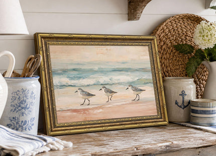 Vintage Gold Framed Coastal Sanderling Wall Art, Beach Bird Print, 16x12In