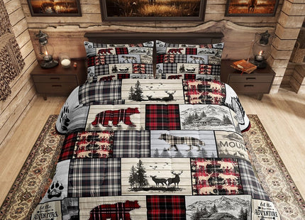 Rustic Cabin Comforter Set Queen Woodland Wolf Deer Bear Comforter For Kids Adults,Red Black Buffalo Plaid Bedding Set Wildlife Camping Lodge Mountain Quilt Bedding Southwestern Farmhouse Decor