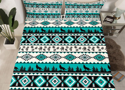 Manfei Aztec Geometric Bed Sheets Twin Size,Southwest Tribal Ethnic Easy Wash Bedding Set,Wolf Rustic Cabin Kids Room Decor,Beige Retro Sheet(Fitted+Flat+1 Pillowcase)