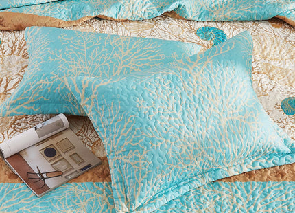 3 Pieces Coastal Quilt Sets King Size-Ocean Theme Coral Shell Starfish Conch Pattern Printed Quilt,Reversible Beach Bedding Set,Summer Soft Lightweight Nautical Bedspread Coverlet(King 106"x96")
