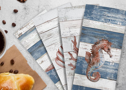 KFXHANGD Coastal Beachy Kitchen Towels and Dishcloths Set of 4, Nautical Starfish Seashell Dish Towels, Seahorse Coral Decorative Hand Tea Towel for Bathroom Kitchen, Beach Bathroom Decor, 16x24 Inch
