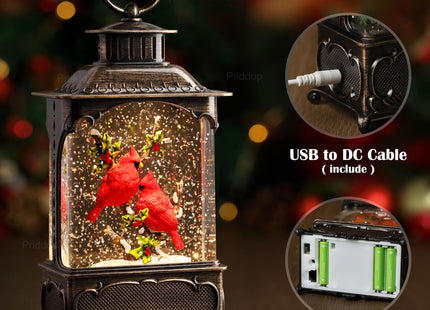 Priddop Cardinal Snow Globe Christmas Decorations Cardinal Gifts Berry Branch USB/Battery Timer Music Glitter Snowfall Lantern 10.2 inch