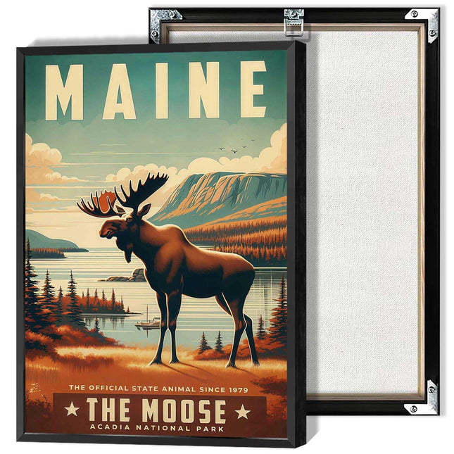 Vintage Maine State Poster National Park Canvas Wall Art Retro Abstract Animal Elk Painting For Home Bedroom Dorm Living Room Wall Decor 12x16in Framed