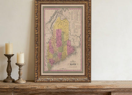 YFET A New Map of Maine, 1846 Rustic Map Decor Poster Wall Art