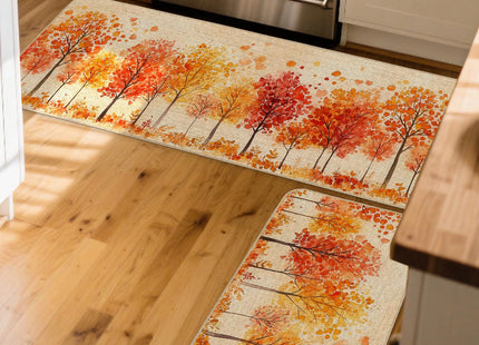 Watercolor Fall Maple Trees Kitchen Rugs Set of 2, 17x29 and 17x47 Inch