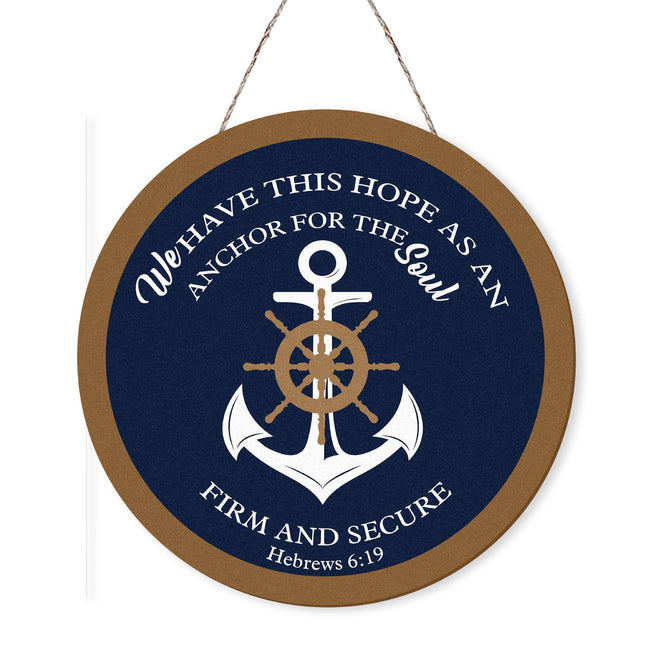 MOTERMATE Nautical Christian Sign Decor, Navy Blue Coastal Religious Bible Verse Boat Anchor Door Signs for Front Porch Door Home Beach House Lake House Bathroom Decor, 12x12 Inch