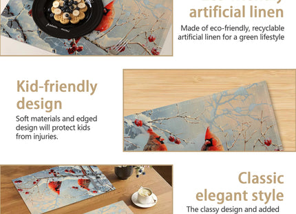 Red Cardinal Bird Christmas Placemats Set of 6 Linen Table Mats, 12x18 Inch Washable Placemats for Dining Table, Non Slip Heat Resistant Mats for Kitchen Home Decor