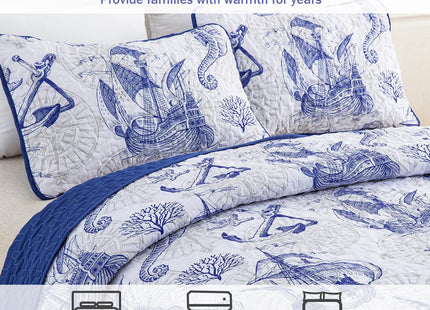 DJY Ocean Coastal Quilt Queen Size, 3 Pcs Seahorse Bedspread Bedding Set