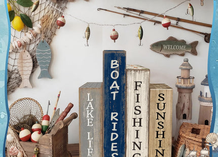 Lineshading 4 Pcs Summer Lake House Decor Stacked Wooden Book Block Signs