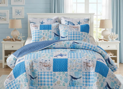 Patchwork Coastal Quilt Sets Queen Size - Reversible Microfiber Dolphin Turtle Ocean Style with Blue Whale Seahorse Soft Beach Bedding Nautical Bedspread Coverlet Summer Comforter with 2 Shams